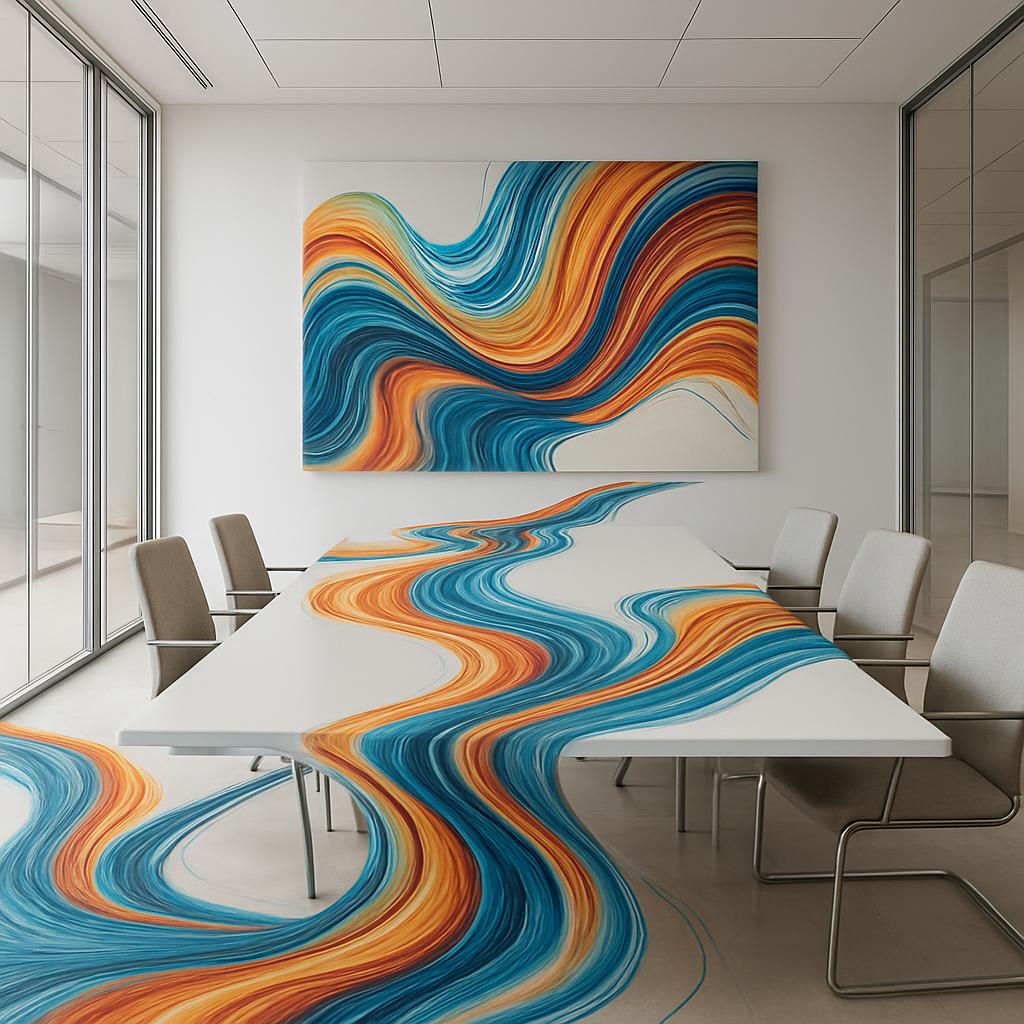 A modern room with cream walls and a floor, featuring a large abstract painting above a white table, surrounded by beige c...